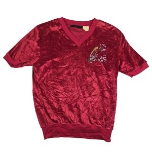 Vintage Velour Red Bird Print Shirt Women's Short Sleeve Banded Waist READ